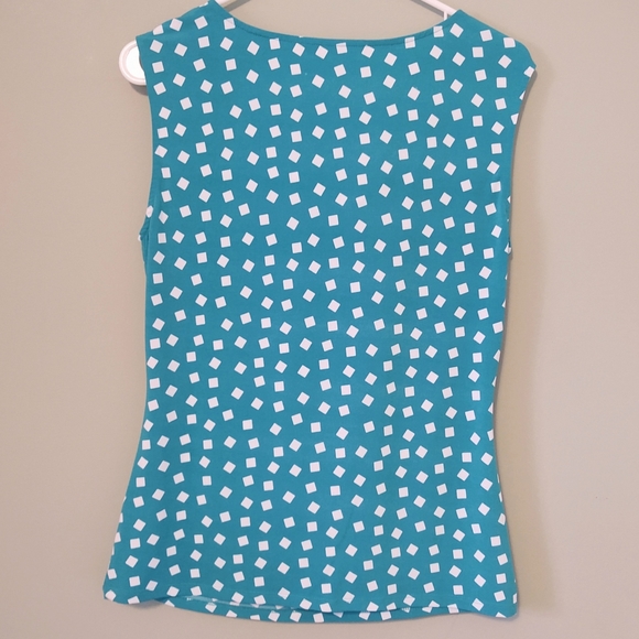 PRESTON YORK Turquoise White Square Pattern Sleeveless Drop Neck Top Sz Small - Picture 2 of 7